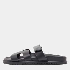 Hermes Black Leather Chypre Velcro Flat Sandals Size 40