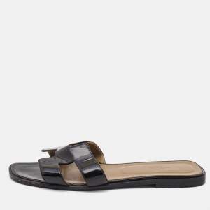 Hermes Black Patent Leather Oran Flat Slides Size 41