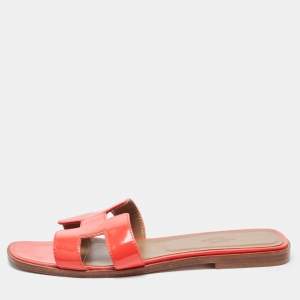 Hermes Red Patent Leather Oran Flat Slides Size 38