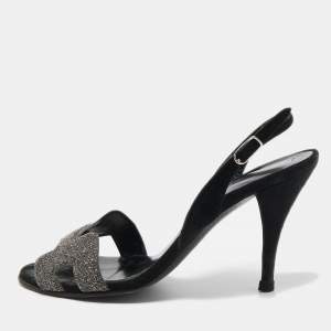 Hermes Silver/Black Suede and Glitter  Night  Sandals Size 37