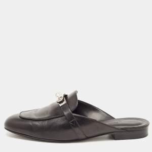 Hermes Black Leather Oz Flat Mules Size 37.5