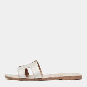 Hermes Silver Leather Oran Flat Slides Size 40.5