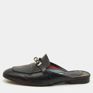 Hermes Black Leather Oz Flat Mules Size 37
