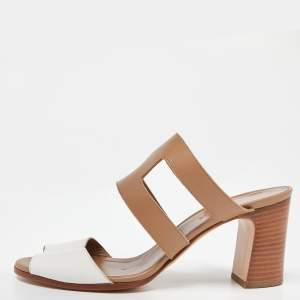 Hermes Brown/White Leather Slide Sandals Size 39