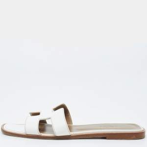 Hermes White Leather Oran Flat Slides Size 37.5