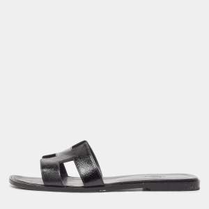 Hermes Black Patent Leather Oran Flat Slides Size 40.5