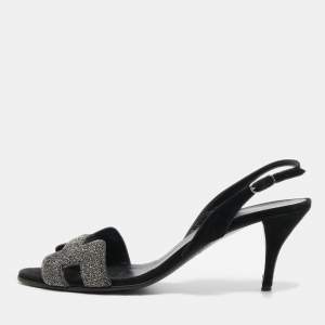 Hermes Black/Silver Glitter and Suede Night Sandals Size 38.5