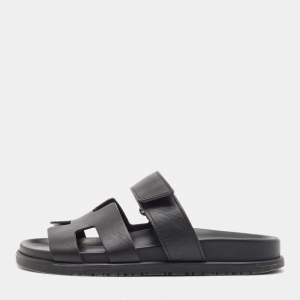 Hermes Black Leather Chypre Slide Flats Size 37