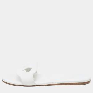 Hermes White Leather Lisboa Flat Slides Size 37