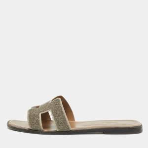 Hermes Brown Suede and Glitter Oran Flat Slides Size 41 