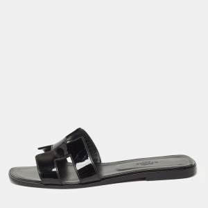Hermes Black Patent Oran Slide Flats Size 40