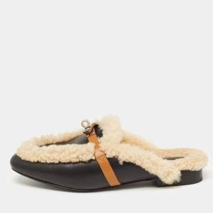 Hermes Black/Beige Leather and Shearling Fur Oz Flat Mules Size 40
