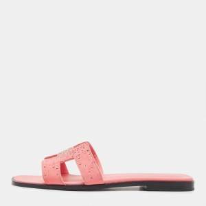 Hermes Pink Crystal Embellished Suede Oran Flat Slides Size 39