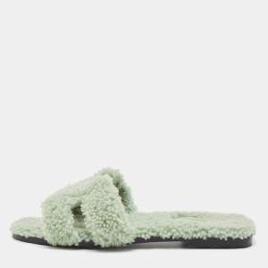 Hermes Green Fur Oran Flat Slides Size 39