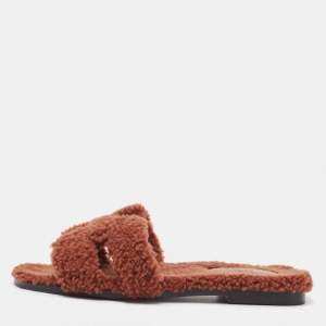 Hermes Brown Fur Oran Flat Slides Size 37