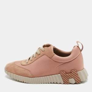 Pre Owned Hermes Pink/Beige Suede and Velvet Bouncing Sneakers Size 38