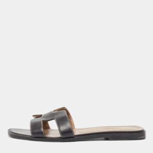 Hermes Black Leather Oran Flat Slides Size 37