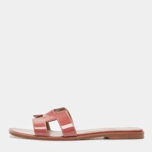 Hermes Pink Patent Leather Oran Flat Slides Size 39