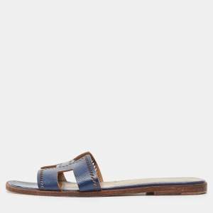 Hermes Blue Textured Leather Oran Flat Slides Size 38