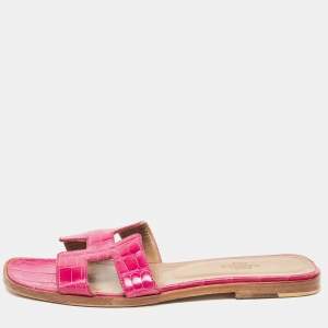 Hermes Purple Crocodile Leather Oran Flat Slides Size 37