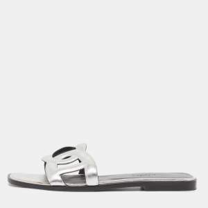 Hermes Silver Leather Omaha Flat Slides Size 38