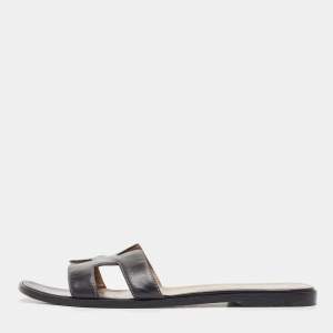 Hermes Black Leather Oran Flat Slides Size 40.5