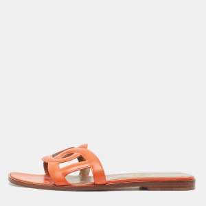 Hermes Orange Leather Omaha Flat Slides Size 39