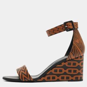 Hermes Black/Brown Printed Leather Acapulco Wedge Sandals Size 40