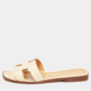 Hermes Cream Leather Oran Flat Slides Size 37.5