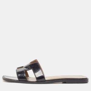 Hermes Black Patent Leather Oran Flat Slides Size 38