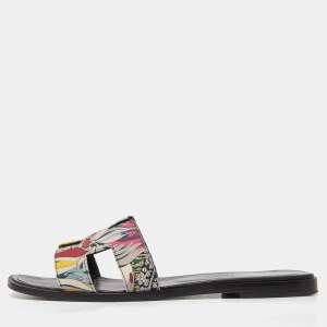 Hermès Multicolor Print Canvas Oran Flat Slides Size 37.5