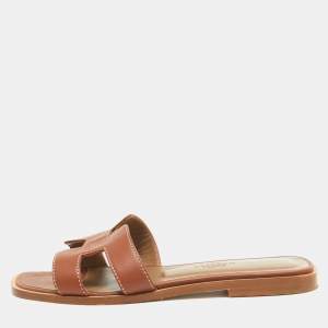 Hermes Brown Leather Oran Flat Slides Size 34.5