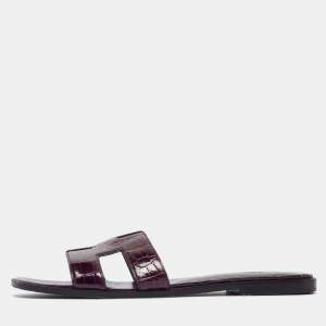 Pre Owned Hermes Purple Alligator Patent Leather Oran Flat Slides Size 39