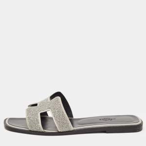 Hermes Silver Suede and Glitter Opne Toe Flat Oran Slides Size 38.5