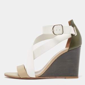 Hermes Tricolor Leather Ankle Wrap Wedge Sandals Size 38.5