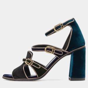 Hermès Multicolor Velvet Ankle Strap Block Heel Sandals Size 38.5