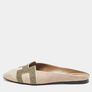Hermes Beige Suede Roxane Flat Mules Size 37.5