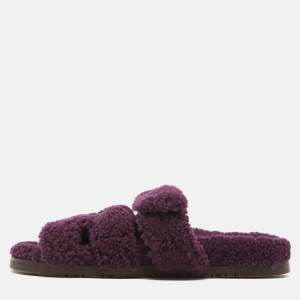 Hermes Purple Shearling Chypre Flat Slides Size 37
