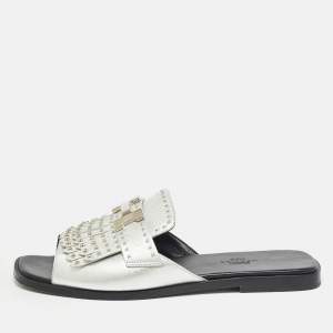 Hermes Silver Leather Auteuil Fringe Detail Studded Flat Slides Size 37