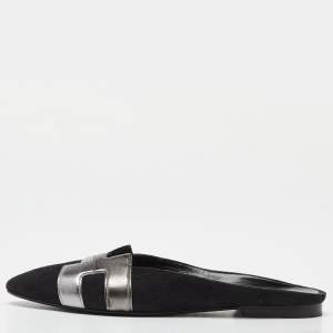 Hermes Black Suede and Leather Roxane Flat Mules Size 38