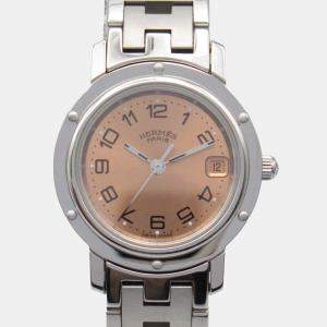 Hermes Pink Stainless Steel Clipper CL4.210 Quartz Women's Wristwatch 24 mm