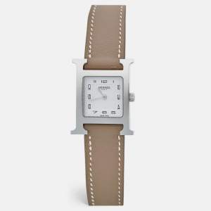 Hermes White Stainless Steel Leather Heure H HH1.210 Women's Wristwatch 21 mm