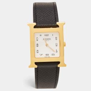 Hermes White Yellow Gold Plated Stainless Steel Leather Heure H HH1.501e Women's Wristwatch 26 mm