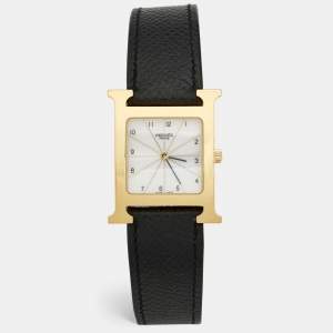 Hermes White Yellow Gold Plated Stainless Steel Leather Heure H HH1.510 Women's Wristwatch 26 mm