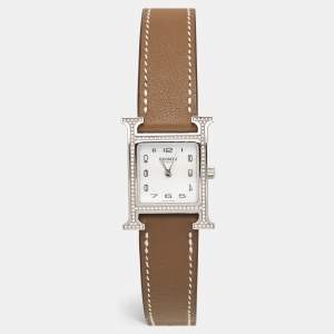 Hermes Mother Of Pearl Diamond Stainless Steel Leather Heure H W046512WW Women's Wristwatch 21 mm