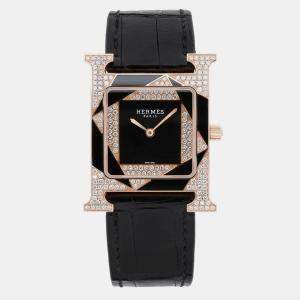 Hermes Black Diamond 18k Rose Gold Heure H W054597WW00 Quartz Women's Wristwatch 26 mm