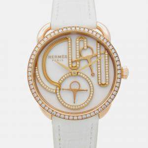 Pre Owned Hermes Arceau AR12.671 Quartz White 18k Rose Gold Women's Wristwatch 34 mm