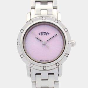 Pre Owned Hermes Clipper CL4.230 Quartz Pink Stainless Steel Women's Wristwatch 24 mm