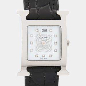 Pre Owned Hermes H Hour HH1.210 Quartz White Diamonds, Stainless Steel Women's Wristwatch 26mm