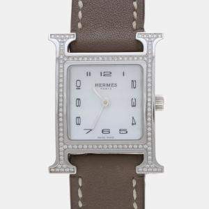 Pre Owned Hermes H Hour HH1.235 Quartz White Diamonds Stainless Steel Women's Wristwatch 26mm
